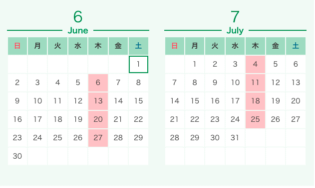 ◇◆6月定休日のお知らせ◇◆毎週木曜日は定休日となります！