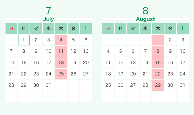 ◇◆7月定休日のお知らせ◇◆毎週木曜日は定休日となります！