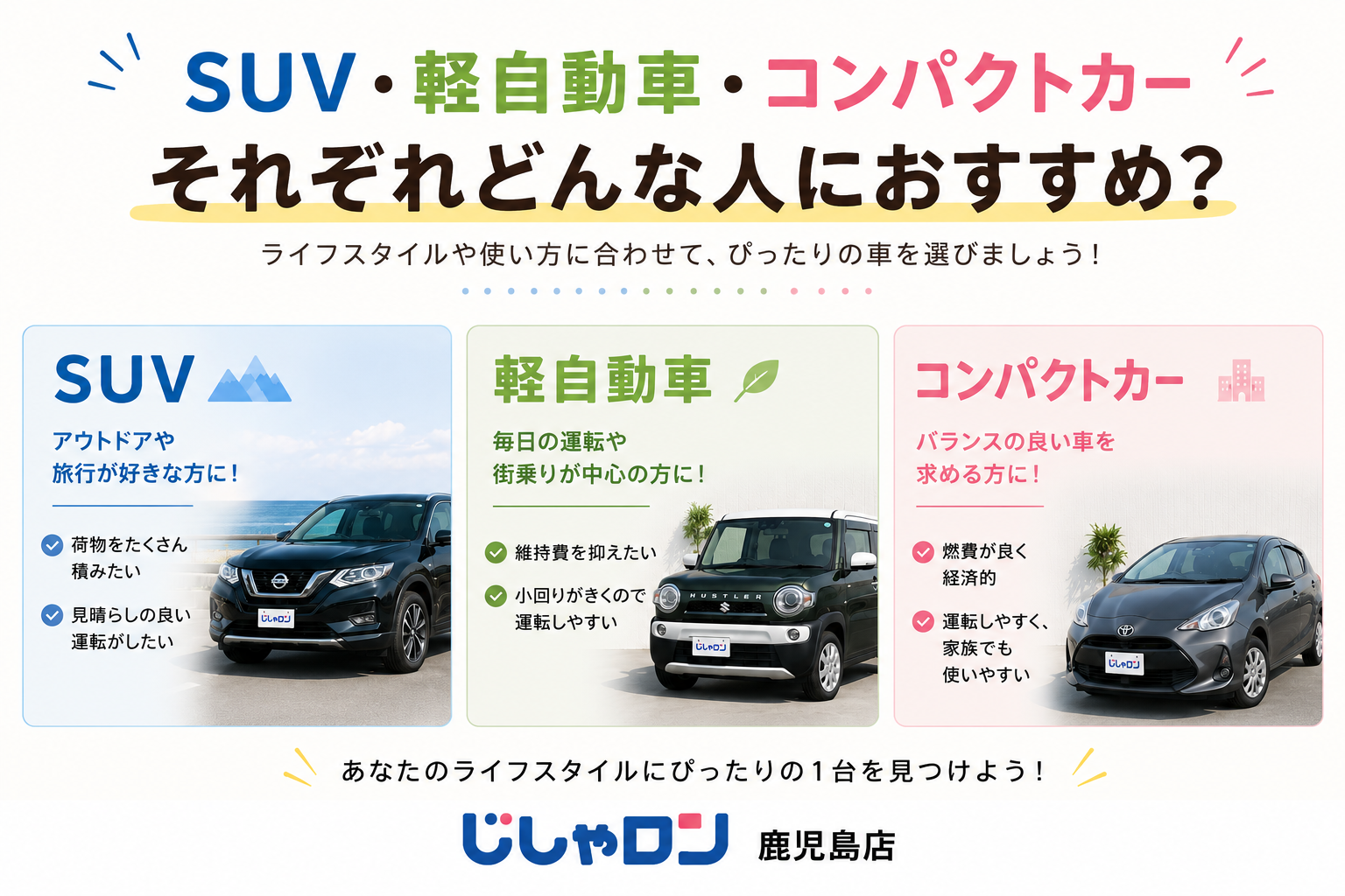 あなたにぴったりなのはどれ？車のタイプ別おすすめポイント