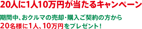 20人に1人10万円が当たるキャンペーン 期間中、おクルマの売却・購入ご契約の方から20名様に1人、10万円をプレゼント！