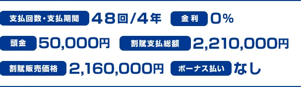 【支払回数・支払期間】48回/4年【金利】0％【頭金】50,000円【割賦支払総額】2,210,000円【割賦販売価格】2,160,000円【ボーナス払い】なし