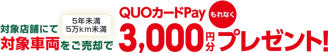 対象店舗にて対象車両(5年未満5万km未満)をご売却でもれなくQUOカードPay3,000円分プレゼント!