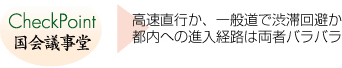 CheckPoint　国会議事堂　高速直行か、一般道で渋滞回避か。都内への進入経路は両者バラバラ