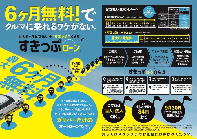 最大6ヶ月無料で車に乗れる！すきっぷローン01