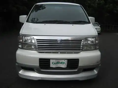 カタログ画像：エルグランド （ELGRAND） ハイウェイスター ８人乗り ラウンジパッケージ装着車 1999年8月 KH-ATE50 3000cc ホワイトパール（３Ｐ）ｏｒホワイトパール（３Ｐ）（Ｓ．Ｆ．Ｈ．Ｃ） 燃費10.4km / l フロント