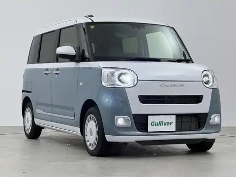 カタログ画像：ムーヴキャンバス （MOVE CANBUS） ストライプスＧターボ ｅｃｏ ＩＤＬＥ非装着車 2023年4月 5BA-LA850S 660cc シャイニングホワイトパール×レイクブルーメタリック 燃費18.7km / l メイン（その他）