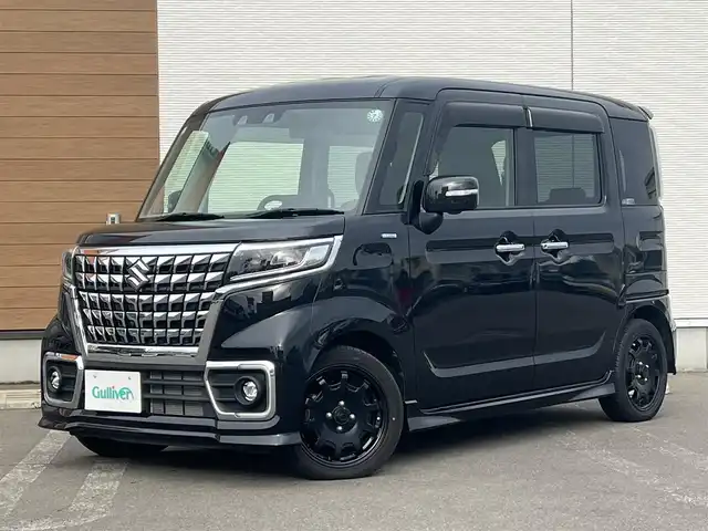 スズキ スペーシア カスタム HYBRID XS 秋田県 2022(令4)年 2.2万km ブルーイッシュブラックパール3 ４WD/衝突被害軽減ブレーキデュアルカメラブレーキサポート/LEDヘッドライト/両側パワースライドドア/純正メモリナビ（DVD/CD再生可能）/フルセグ/全方位モニター/社外15インチアルミ（夏タイヤ装着）/スマートキー/アイドリングストップ/プッシュスタート/アダプティブ・クルーズコントロール追従走行有/コーナーセンサー/レーンキープアシスト/ステアリングスイッチ/前席シートヒーター/社外フロアマット/純正ドアバイザー/オートライト/オートエアコン/パワーステアリング/パワーウィンドウ/横滑り防止/盗難防止装置/寒冷地仕様/電動格納ウィンカーミラー/キーレスエントリー/保証書/取扱説明書/記録簿/スペアキー×１