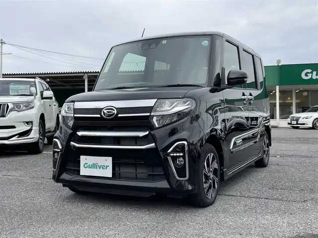 ダイハツ タント カスタム X スタイルセレクション 千葉県 2021(令3)年 0.1万km ブラックマイカメタリック スマートアシスト/・衝突軽減ブレーキ/・車線逸脱抑制機能/・車線逸脱警報/・標識認識機能/・先行車発進お知らせ機能/社外SDナビ【NSZT-W61G】/・CD/DVD/MSV/Bluetooth/フルセグ/バックカメラ/両後パワースライドドア/ハーフレザーシート/前席シートヒーター/前後コーナーセンサー/スマートキー/純正LEDヘッドライト/フォグランプ/オートマチックハイビーム/ETC/純正14インチアルミホイール/本革巻きステアリング/サイド＆カーテンエアバッグ