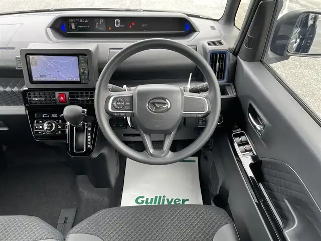 ダイハツ タント カスタム X スタイルセレクション 千葉県 2021(令3)年 0.1万km ブラックマイカメタリック スマートアシスト/・衝突軽減ブレーキ/・車線逸脱抑制機能/・車線逸脱警報/・標識認識機能/・先行車発進お知らせ機能/社外SDナビ【NSZT-W61G】/・CD/DVD/MSV/Bluetooth/フルセグ/バックカメラ/両後パワースライドドア/ハーフレザーシート/前席シートヒーター/前後コーナーセンサー/スマートキー/純正LEDヘッドライト/フォグランプ/オートマチックハイビーム/ETC/純正14インチアルミホイール/本革巻きステアリング/サイド＆カーテンエアバッグ