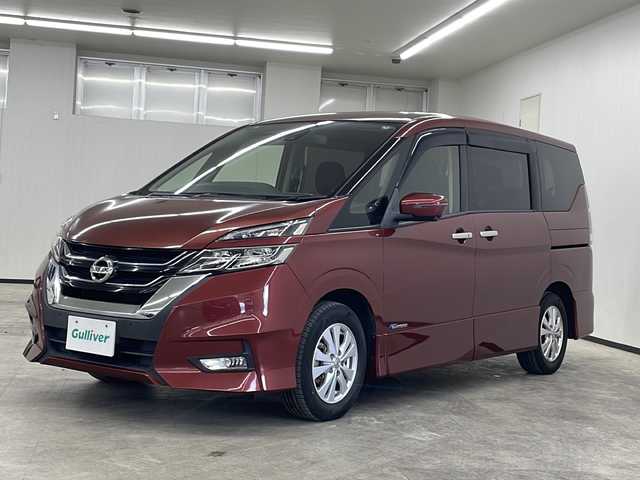 日産 セレナ ハイウェイスター 長崎県 2017(平29)年 7.3万km マルーンレッド 純正9インチナビ（MM516D-L）/・フルセグテレビ/・Bluetooth/・AM/FM/CD/DVD/Blu-ray/アラウンドビューモニター/エマージェンシーブレーキ/・標識表示/・車線逸脱警報/クルーズコントロール/パーキングアシスト/両側スライドドア/純正ドライブレコーダー/ETC/コーナーセンサー/アイドリングストップ/横滑り防止装置/プッシュスタート/スマートキー/スペアキー/サイドバイザー/純正15インチAW/リアサンシェード/シートバックテーブル