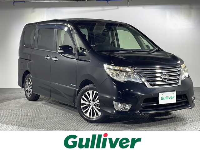日産 セレナ HWS S HV Vセレ +Sefty 沖縄県 2014(平26)年 6.9万km ダイヤモンドブラック 禁煙車　/８人乗り　/純正７インチナビ/（ＢＴ，フルセグ，ＡＭ／ＦＭ，ＣＤ／ＤＶＤ）　/アラウンドビューモニター　/両側パワースライドドア　/純正11インチフリップダウンモニター　/クルーズコントロール　/コーナーセンサー/エマージェンシーブレーキ/ビルトインＥＴＣ　/純正ドアバイザー/純正フロアマット/純正１６インチアルミホイール
