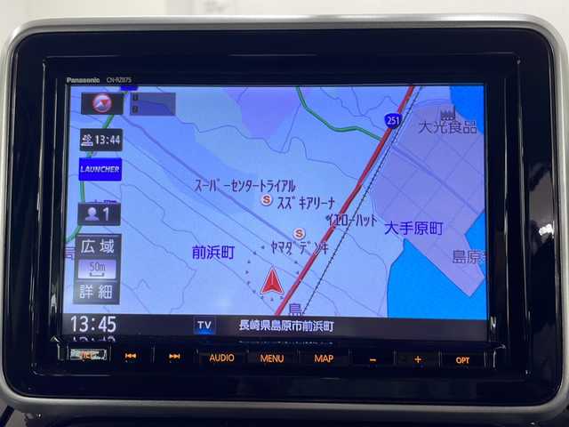 マツダ フレアワゴン カスタムスタイル ハイブリッド XS 長崎県 2022(令4)年 1.2万km ピュアホワイトP ワンオーナー/禁煙車/社外ナビ（CN-RZ875）/CD/DVD/地デジテレビ/Bluetooth/アラウンドビューモニター/ドライブレコーダー/コーナーセンサー/衝突軽減システム/レーンキープアシスト/クルーズコントロール/ステアリングスイッチ/オートライト/LEDヘッドランプ/運転席側シートヒーター/ハーフレザーシート/取説/保証書