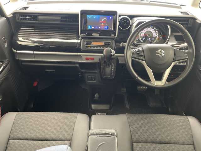 スズキ スペーシア カスタム HYBRID XS 沖縄県 2018(平30)年 6.8万km ピュアホワイトP 純正ディスプレイオーディオ（PVH-9300DVSZS）　　/DVD　/ＡＵＸ　/Ｂｌｕｅｔｏｏｔｈ　/ＥＴＣ/ハーフレザーシート　/両側パワースライドドア　/コーナーセンサー　/シートヒーター　/ＬＥＤヘッドライト　/オートライト/横滑り防止装置　/純正フロアマット/純正15インチアルミホイール