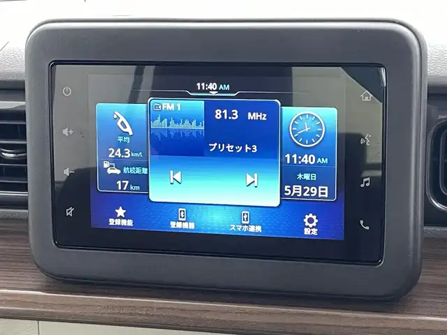 スズキ ラパン X 福島県 2024(令6)年 0.7万km フォーンベージュM 純正ディスプレイオーディオ/【USB/Bluetooth/AppleCarPlay/AndroidAuto】/・バックカメラ/衝突軽減ブレーキ/レーンキープアシスト/車線逸脱警報装置/コーナーセンサー/ハーフレザーシート/・運転席＋助手席シートヒーター/革巻きステアリング/・ステアリングスイッチ/LEDヘッドライト/・オートライト/電動格納ミラー/ABS/横滑り防止装置/盗難防止装置/社外フロアマット/プッシュスタート/・スマートキー/・スペアキー