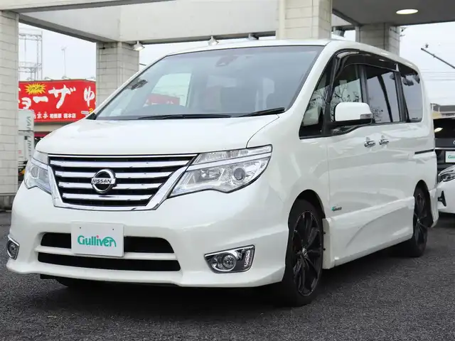 日産 セレナ ハイウェイスター Sハイブリッド 神奈川県 2014(平26)年 7.2万km ブリリアントホワイトパール エマージェンシーブレーキ/純正メモリナビ/フルセグテレビ/バックカメラ/フリップダウンモニター/クルーズコントロール/ドアバイザー/プッシュスタート/両側パワースライドドア/ETC/ドラレコ(前後)/アイドリングストップ/純正16インチAW（車内にあり）/保証書、取説、ナビ説/記録簿（H27.28.R4.5）/スペアスマートキー