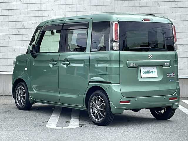 スズキ スペーシア HYBRID X 山形県 2018(平30)年 2.3万km ツールグリーンパールメタリック 禁煙車/デュアルセンサーブレーキサポート/スズキセーフティサポート/・後退時ブレーキサポート/・車線逸脱抑制制御機能/・車線逸脱警報機能/・パーキングソナー/・横滑り防止装置（ＥＳＰ）/社外ナビ(CD.DVD.SD.BT)/フルセグ/バックカメラ/両側パワースライドドア/ETC/シートヒーター/ドライブレコーダー前後/リアサーキュレーター/社外LEDヘッドライト/プッシュスタート/スマートキー