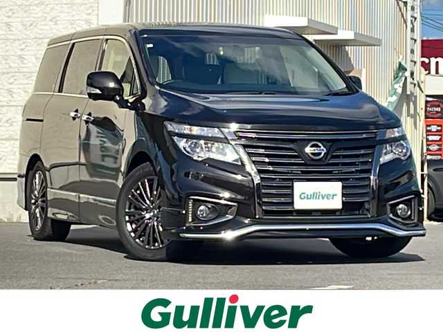 日産 エルグランド 350HWS アーバンクロム ホワイトレザー 道北・旭川 2017(平29)年 7.6万km ファントムブラック /ワンオーナー//純正ナビ/BT/CD/DVD/TV/AUX//フリップダウンモニター//両側パワースライドドア//ホワイト革シート//電動リアゲート//前席パワーシート//前席シートヒーター//運転席メモリーシート//アラウンドビューモニター//コーナーセンサー//インテリジェントブレーキアシスト//踏み間違い防止//インテリジェンスクルーズコントロール//横すべり防止//オートライト//LEDヘッドライト//LED加飾付きフォグ//純正ETC//ステアリングリモコン//100V電源//取扱説明書//保証書//純正フロアマット