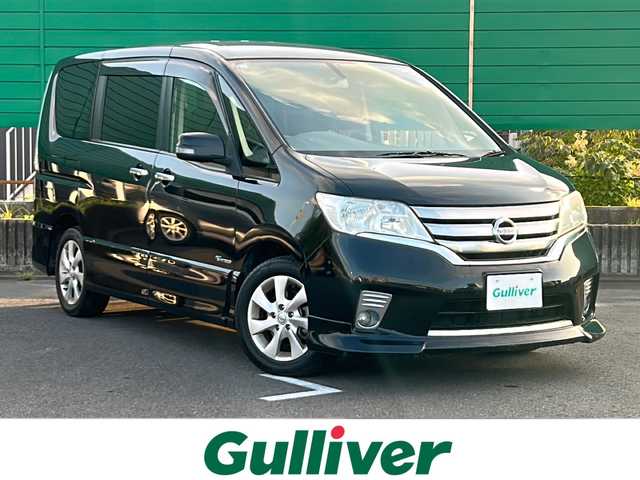 日産 セレナ ハイウェイスター S HV Vエアロ 茨城県 2013(平25)年 7.5万km スーパーブラック 8インチ純正SDナビ(Bluetooth/CD/DVD/バックカメラ/フルセグTV)/フリップダウンモニター/両側パワースライドドア/クルーズコントロール/横滑り防止装置/HIDオートライト/16インチ純正アルミホイール/アイドリングストップ/後席用エアコン/3列シート/純正フロアマット/スペアキー/スマートキー