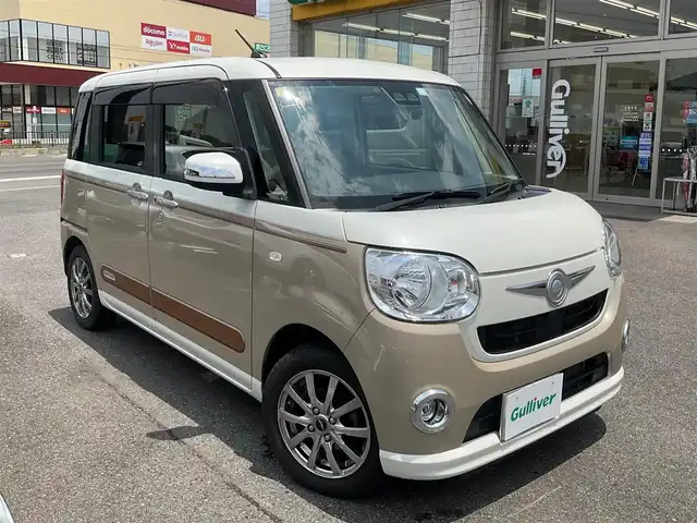 ダイハツ ムーヴ キャンバス X SA Ⅲ 滋賀県 2018(平30)年 5.8万km パールホワイトⅢ/ナチュラルベージュマイカメタリック 2トーン スマートアシストIII/デカールバック（ウッド調）/メックパック/・ドアミラーガーニッシュ/・フロントエンブレムガーニッシュ/パナソニック7インチナビ/Bluetooth、CD、DVD、フルセグテレビ/バックカメラ/両側スライドドア/ETC/前ドライブレコーダー/純正フロアマット/スペアキー有り/取扱説明書/保証書