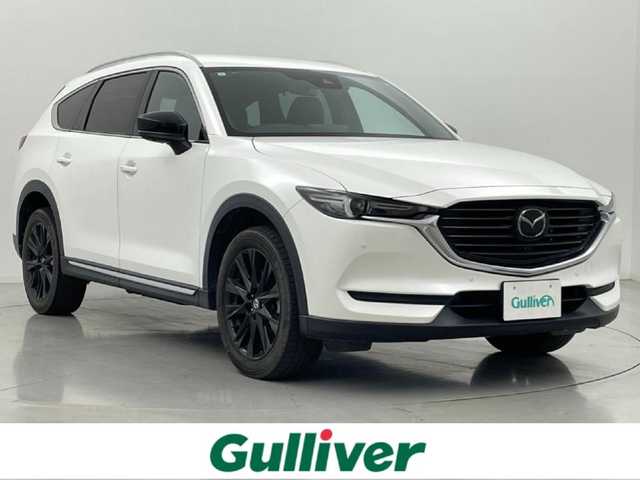 マツダ ＣＸ－８ 25S ブラックトーンED 熊本県 2021(令3)年 3.8万km スノーフレイクホワイトパールマイカ 禁煙車　/純正ナビ（ＣＤ・ＤＶＤ・フルセグ・ＢＴ・ＵＳＢ）/全周囲カメラ　/純正前後ドライブレコーダー　/アルパインフリップダウンモニター　/ＥＴＣ　/前後クリアランスソナー　/レーダークルーズコントロール　/衝突軽減ブレーキ/車線逸脱警報/ブラインドスポットモニター/横滑り防止/パーキングアシスト/アイドリングストップ/パワーバックドア/前席シートヒーター/ステアリングヒーター/前席パワーシート/置くだけ充電/ハーフレザーシート/オートライト/LEDヘッドライト/フォグライト/スマートキー/プッシュスタート