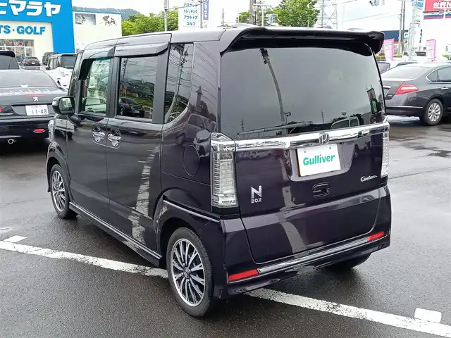 ホンダ Ｎ ＢＯＸ カスタム G ターボ Lパッケージ 福井県 2015(平27)年 7.7万km プレミアムベルベットパープル・パール 衝突被害軽減システム/ディーラーオプションナビ（VXM-142VFi）/・（フルセグTV/CD/DVD/Bluetooth）/バックカメラ/ビルトインETC/パドルシフト/ステアリングスイッチ/両側パワースライドドア/オートLEDライト/電動格納ウィンカーミラー/純正フロアマット/スマートキー