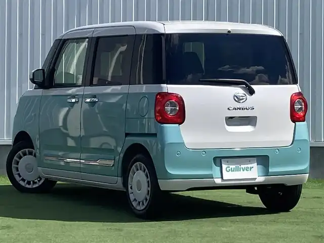 ダイハツ ムーヴ キャンバス ストライプス G 香川県 2023(令5)年 1.2万km シャイニングホワイトパール/ファインミントメタリック 登録時走行距離：11844km/ケンウッド製メモリナビ/　CD DVD BT フルセグTV/バックカメラ/両側パワースライドドア/スマートアシスト/クリアランスソナー/アイドリングストップ/横滑り防止装置/シートヒーター/ベンチシート/ISOFIX/オートホールド機能付き電子パーキングブレーキ/LEDヘッドライト/オートライト/フォグランプ/ETC/プッシュスタート/スマートキー