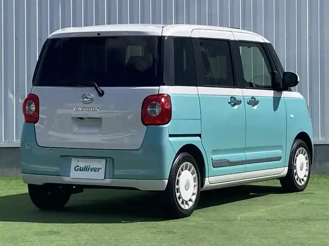 ダイハツ ムーヴ キャンバス ストライプス G 香川県 2023(令5)年 1.2万km シャイニングホワイトパール/ファインミントメタリック 登録時走行距離：11844km/ケンウッド製メモリナビ/　CD DVD BT フルセグTV/バックカメラ/両側パワースライドドア/スマートアシスト/クリアランスソナー/アイドリングストップ/横滑り防止装置/シートヒーター/ベンチシート/ISOFIX/オートホールド機能付き電子パーキングブレーキ/LEDヘッドライト/オートライト/フォグランプ/ETC/プッシュスタート/スマートキー