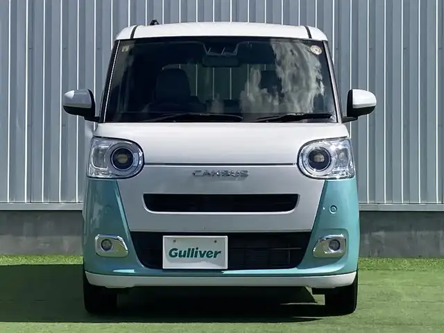 ダイハツ ムーヴ キャンバス ストライプス G 香川県 2023(令5)年 1.2万km シャイニングホワイトパール/ファインミントメタリック 登録時走行距離：11844km/ケンウッド製メモリナビ/　CD DVD BT フルセグTV/バックカメラ/両側パワースライドドア/スマートアシスト/クリアランスソナー/アイドリングストップ/横滑り防止装置/シートヒーター/ベンチシート/ISOFIX/オートホールド機能付き電子パーキングブレーキ/LEDヘッドライト/オートライト/フォグランプ/ETC/プッシュスタート/スマートキー