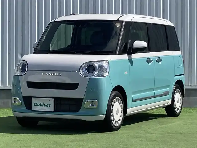ダイハツ ムーヴ キャンバス ストライプス G 香川県 2023(令5)年 1.2万km シャイニングホワイトパール/ファインミントメタリック 登録時走行距離：11844km/ケンウッド製メモリナビ/　CD DVD BT フルセグTV/バックカメラ/両側パワースライドドア/スマートアシスト/クリアランスソナー/アイドリングストップ/横滑り防止装置/シートヒーター/ベンチシート/ISOFIX/オートホールド機能付き電子パーキングブレーキ/LEDヘッドライト/オートライト/フォグランプ/ETC/プッシュスタート/スマートキー