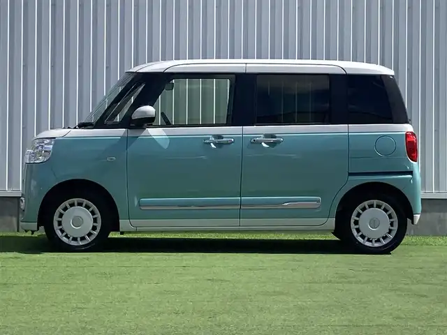 ダイハツ ムーヴ キャンバス ストライプス G 香川県 2023(令5)年 1.2万km シャイニングホワイトパール/ファインミントメタリック 登録時走行距離：11844km/ケンウッド製メモリナビ/　CD DVD BT フルセグTV/バックカメラ/両側パワースライドドア/スマートアシスト/クリアランスソナー/アイドリングストップ/横滑り防止装置/シートヒーター/ベンチシート/ISOFIX/オートホールド機能付き電子パーキングブレーキ/LEDヘッドライト/オートライト/フォグランプ/ETC/プッシュスタート/スマートキー