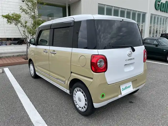 ダイハツ ムーヴ キャンバス ストライプス G 石川県 2022(令4)年 2万km シャイニングホワイトパール/サンドベージュメタリック 社外メモリーナビ/フルセグTV/バックカメラ/両側パワースライドドア/LEDヘッドライト/ドライブレコーダー/スマートアシスト/コーナーセンサー/シートヒーター/スマートキー/プッシュスタート/電動ミラー/ベンチシート/保証書