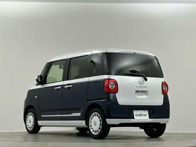 ダイハツ ムーヴ キャンバス ストライプス G ターボ 埼玉県 2024(令6)年 0.6万km シャイニングホワイトパール/レーザーブルークリスタルシャイン 純正９インチディスプレイオーディオ　Ｂｌｕｅｔｏｏｔｈ　全方位カメラ　両側電動スライドドア　シートヒーター　ＥＴＣ　ドラレコ　ウェルカムオープン機能　追従走行　スマートアシスト　置くだけ充電　ＬＥＤ