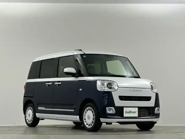 ダイハツ ムーヴ キャンバス ストライプス G ターボ 埼玉県 2024(令6)年 0.6万km シャイニングホワイトパール/レーザーブルークリスタルシャイン 純正９インチディスプレイオーディオ　Ｂｌｕｅｔｏｏｔｈ　全方位カメラ　両側電動スライドドア　シートヒーター　ＥＴＣ　ドラレコ　ウェルカムオープン機能　追従走行　スマートアシスト　置くだけ充電　ＬＥＤ