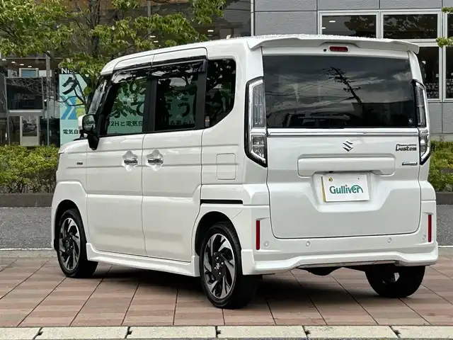 スズキ スペーシア カスタム HYBRID XS ターボ 福島県 2024(令6)年 0.3万km ピュアホワイトP デュアルセンサーブレーキサポート/アダプティブクルーズコントロール（ACC）/車線逸脱警報機能/ふらつき警報機能/先行車発進お知らせ機能/ハイビームアシスト/誤発進抑制機能/後退時ブレーキサポート/後方誤発進抑制機能/純正ナビゲーション/【BT/TV】/全方位モニター/ビルトインETC/両側電動スライドドア/ヘッドアップディスプレイ/前席シートヒーター/ステアリングヒーター/パドルシフト/ステアリングリモコン/ロールサンシェード/シートバックテーブル/リアサーキュレーター/後席マルチユースフラップ/LEDオートライト/LEDフォグランプ/純正フロアマット