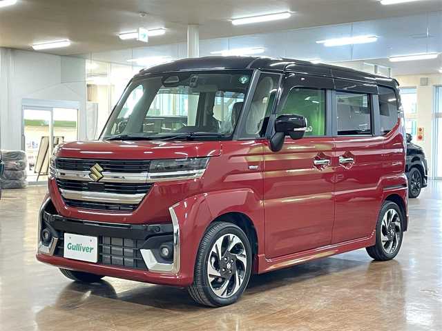 スズキ スペーシア カスタム HYBRID XS ターボ 道央・札幌 2024(令6)年 0.7万km フェニックスレッドパール/ブルーイッシュブラックパール ワンオーナー/ターボ車/社外SDナビ（8インチ）/フルセグ/CD/ DVD/BT/MS/バックカメラ/衝突軽減ブレーキ/レーンキープアシスト/横滑り防止/アイドリングストップ/両側パワースライドドア/レーダークルーズコントロール/パドルシフト/ハーフレザーシート/ステアリングヒーター/シートヒーター（D/N）/ミラーヒーター/ヘッドアップディスプレイ/プッシュスタート/スマートキー×2/純正エンジンスターター/革巻きステアリング/電動パーキングブレーキ/ドライブレコーダー（前後タイプ）/オートライト/LEDヘッドライト/フォグランプ/クリアランスソナー/社外AW付スタッドレスセット積込み/　165/55/15 2023年製8mm/保証書/取扱説明書/ナビ取扱説明書