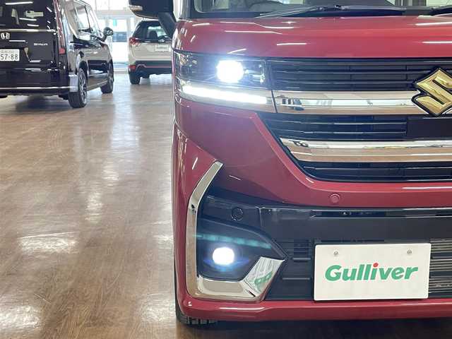 スズキ スペーシア カスタム HYBRID XS ターボ 道央・札幌 2024(令6)年 0.7万km フェニックスレッドパール/ブルーイッシュブラックパール ワンオーナー/ターボ車/社外SDナビ（8インチ）/フルセグ/CD/ DVD/BT/MS/バックカメラ/衝突軽減ブレーキ/レーンキープアシスト/横滑り防止/アイドリングストップ/両側パワースライドドア/レーダークルーズコントロール/パドルシフト/ハーフレザーシート/ステアリングヒーター/シートヒーター（D/N）/ミラーヒーター/ヘッドアップディスプレイ/プッシュスタート/スマートキー×2/純正エンジンスターター/革巻きステアリング/電動パーキングブレーキ/ドライブレコーダー（前後タイプ）/オートライト/LEDヘッドライト/フォグランプ/クリアランスソナー/社外AW付スタッドレスセット積込み/　165/55/15 2023年製8mm/保証書/取扱説明書/ナビ取扱説明書