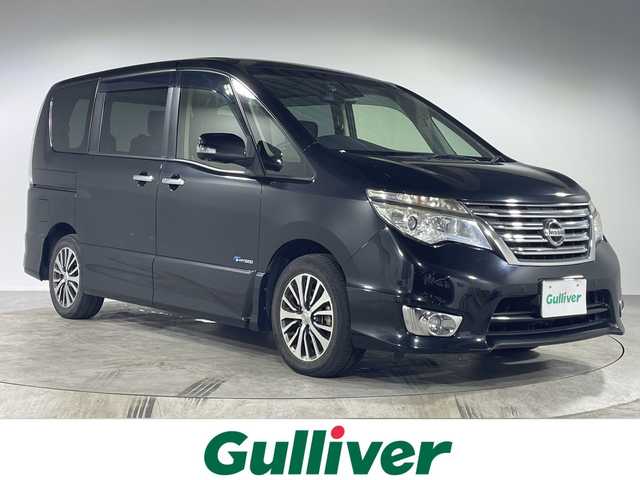 日産 セレナ HWS S HV Vセレ +Sefty 福岡県 2015(平27)年 8.5万km 黒 禁煙車　/両側パワースライドドア　/フリップダウンモニター　/アラウンドビューモニター　/純正ナビ　/フルセグＴＶ/CD/DVD/BT/AUX　/ＥＴＣ　/ＬＥＤライト　/フォグライト　/スマートキー　/クルーズコントロール/クリアランスソナー/スペアキー有り