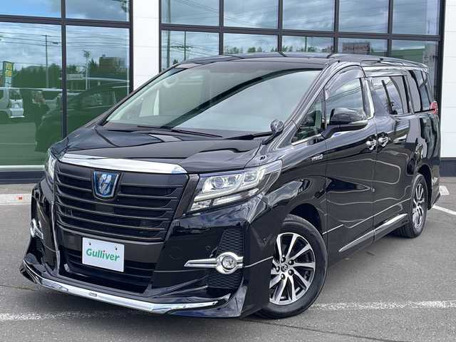 トヨタ アルファードハイブリット SR Cパッケージ 道東・釧路十勝 2016(平28)年 7.5万km スパークリングブラックパールクリスタルシャイン ・4WD/・モデリスタエアロ/・純正9インチディスプレイオーディオ/（ナビ・BT・CD・DVD・AUX・SD・USB・フルセグ）/・JBLプレミアムサウンド/・バックカメラ/・両側パワースライドドア/・パワーバックドア/・レーダークルーズコントロール/・衝突被害軽減ブレーキ/・クリアランスソナー/・横滑り防止装置/・パーキングアシスト/・前席シートヒーター/・前席パワーシート/・ステアリングスイッチ/・電動格納ミラー/・ETC/・レザーシート/・ステアリングヒーター/・LEDヘッドライト/・オートライト/・オートマチックハイビーム/・スマートキー/・プッシュスタート