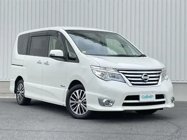 日産 セレナ HWS S HV Vセレ +Sefty 群馬県 2015(平27)年 3.6万km ブリリアントホワイトパール エマージェンシーブレーキ/社外8インチSDナビ/(CD/DVD/BT)/全方位カメラ/フルセグTV/両側パワースライドドア/クルーズコントロール/ETC/LEDヘッドライト/革巻きステアリング/プッシュスタート/保証書/取説