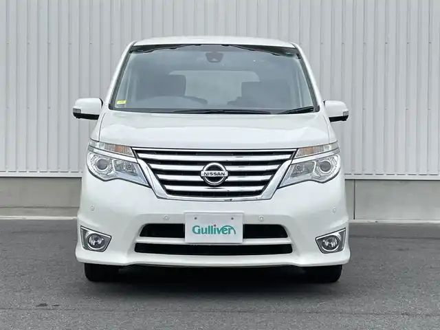 日産 セレナ HWS S HV Vセレ +Sefty 群馬県 2015(平27)年 3.6万km ブリリアントホワイトパール エマージェンシーブレーキ/社外8インチSDナビ/(CD/DVD/BT)/全方位カメラ/フルセグTV/両側パワースライドドア/クルーズコントロール/ETC/LEDヘッドライト/革巻きステアリング/プッシュスタート/保証書/取説