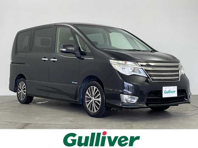 日産 セレナ ハイウェイスター Sハイブリッド 鹿児島県 2013(平25)年 7.5万km ダイヤモンドブラック 社外SDナビ【CN-S310D】/フリップダウンモニター/フルセグ/BT/CD/DVD/FM/AM/両側パワースライドドア/エマージェンシーブレーキシステム/レーンキープアシスト/オートライト/バックカメラ/プッシュスタート/純正15インチアルミ/電動格納ミラー/ビルトインETC
