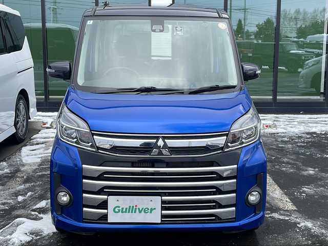 三菱 ｅＫスペース カスタムT e－アシスト 道東・釧路十勝 2018(平30)年 6.3万km 青Ⅱ ・4WD/・純正7インチナビ/（CD USB SD TV)/・両側パワースライドドア/・バックカメラ/・クルーズコントロール/・アイドリングストップ/・横滑り防止装置/・衝突被害軽減ブレーキ/・D席シートヒーター/・社外前方ドライブレコーダー/・社外フロアマット/・プッシュスタート/・HIDヘッドライト/・オートライト/・スマートキー/・純正エンジンスターター/・純正アルミホイール付夏タイヤ積込