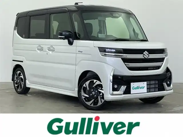 スズキ スペーシア カスタム HYBRID XS 富山県 2025(令7)年 0.1千km ピュアホワイトパール/ブラック2トーン 届出済未使用車/4WD/9インチ純正ナビ/（AM/FM/USB/BT/AppleCarPlay/AndroidAuto）/アラウンドビューモニター/ヘッドアップディスプレイ/デュアルセンサーブレーキサポートII/アダプティブクルーズコントロール/レーンキープアシスト/オートマチックハイビーム/LEDヘッドライト/コーナーセンサー前後/両側パワースライドドア/ハーフレザーシート/前席シートヒーター/ステアリングヒーター/スマートキー×２/プッシュスタート/アイドリングストップ/取扱説明書/保証書