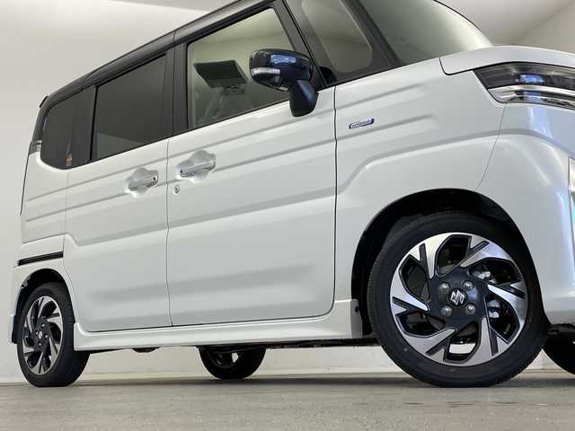 スズキ スペーシア カスタム HYBRID XS 新潟県 2025(令7)年 0.1千km ピュアホワイトパール/ブラック2トーン 4WD/禁煙車/スズキコネクトナビ/（BT/FM/AM/フルセグTV)/全周囲カメラ/ステアリングスイッチ/ステアリングヒーター/ハーフレザーシート/シートヒーター/両側パワースライドドア/ヘッドアップディスプレイ/電格ミラー/ウィンカーミラー/ヘッドライトレベライザー/取扱説明書/保証書/点検記録簿