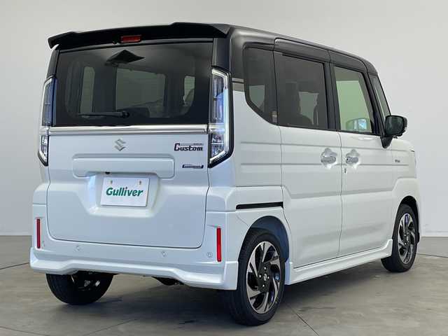 スズキ スペーシア カスタム HYBRID XS 新潟県 2025(令7)年 0.1千km ピュアホワイトパール/ブラック2トーン 4WD/禁煙車/スズキコネクトナビ/（BT/FM/AM/フルセグTV)/全周囲カメラ/ステアリングスイッチ/ステアリングヒーター/ハーフレザーシート/シートヒーター/両側パワースライドドア/ヘッドアップディスプレイ/電格ミラー/ウィンカーミラー/ヘッドライトレベライザー/取扱説明書/保証書/点検記録簿