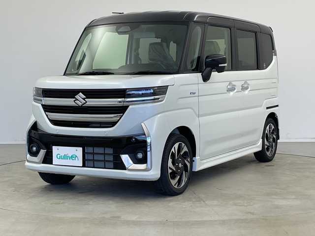 スズキ スペーシア カスタム HYBRID XS 新潟県 2025(令7)年 0.1千km ピュアホワイトパール/ブラック2トーン 4WD/禁煙車/スズキコネクトナビ/（BT/FM/AM/フルセグTV)/全周囲カメラ/ステアリングスイッチ/ステアリングヒーター/ハーフレザーシート/シートヒーター/両側パワースライドドア/ヘッドアップディスプレイ/電格ミラー/ウィンカーミラー/ヘッドライトレベライザー/取扱説明書/保証書/点検記録簿