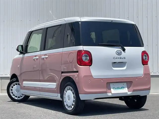 ダイハツ ムーヴ キャンバス ストライプス G 群馬県 2024(令6)年 0.1千km シャイニングホワイトパール/アプリコットピンクメタリック スマートアシスト/衝突回避支援ブレーキ/ブレーキ制御付誤発進制御/車線逸脱制御/路側逸脱警報/先行車発進お知らせ/コーナーセンサー/標識認識/アダプティブドライビングビーム/サイドビューランプ/衝突警報/車線逸脱警報/ふらつき警報/純正メモリーナビ（NMZK-W73D）/フルセグTV/バックカメラ/両側パワースライドドア/シートヒーター（D席/N席）/オートリトラーミラー/ホットカップホルダー/オートホールド/LEDヘッドランプ/保証書/取説/スペアキー