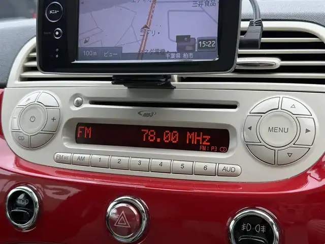 フィアット ５００ ツインエア ラウンジ 千葉県 2013(平25)年 2万km パソドプレレッド 社外4.8インチポータブルナビ/CD/ワンオーナー/ドライブレコーダー/ガラスルーフ/ディスチャージヘッドライト/フォグランプ/バックフォグ/純正15インチAW/保証書/記録簿/取扱説明書