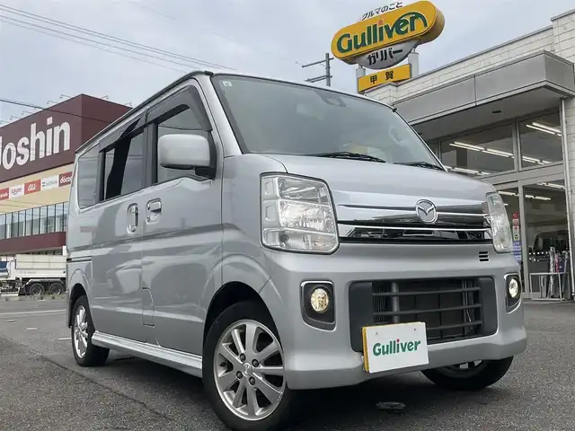 マツダ スクラム ワゴン PZターボ 滋賀県 2015(平27)年 5.6万km シルキーシルバーメタリック 直列3気筒DOHC12バルブICターボ/衝突被害軽減システム /(デュアルカメラブレーキサポート)/車検令和8年6月まで/純正14インチアルミホイール/純正キセノンヘッドライト/・フォグランプ/片側パワースライドドア/純正ナビゲーション/・フルセグTV/・CD/DVD/・Bluetooth/バックカメラ/ステアリングスイッチ/スペアキー/取扱説明書/保証書
