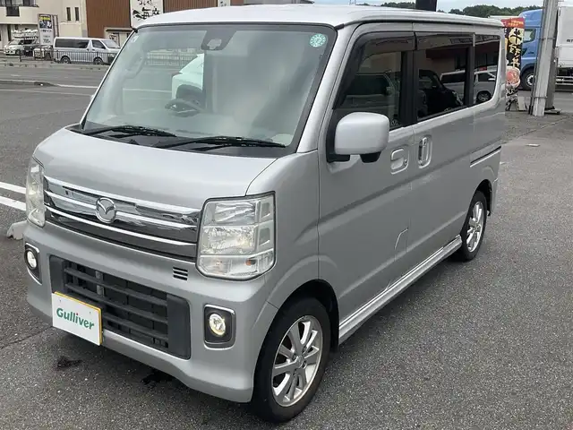 マツダ スクラム ワゴン PZターボ 滋賀県 2015(平27)年 5.6万km シルキーシルバーメタリック 直列3気筒DOHC12バルブICターボ/衝突被害軽減システム /(デュアルカメラブレーキサポート)/車検令和8年6月まで/純正14インチアルミホイール/純正キセノンヘッドライト/・フォグランプ/片側パワースライドドア/純正ナビゲーション/・フルセグTV/・CD/DVD/・Bluetooth/バックカメラ/ステアリングスイッチ/スペアキー/取扱説明書/保証書